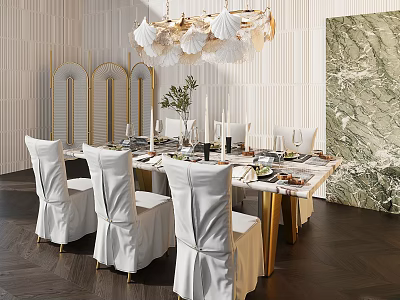 Elegant Restaurant Interior Design With White Chair Covers Wooden Dining Table Marble Wall And Gold Chandelier 3d model