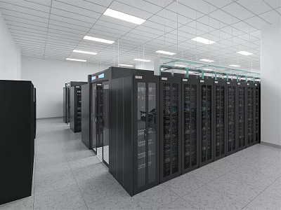 Neatly Arranged Server Room With Black Cabinets White Ceiling And Gray Floor 3d model