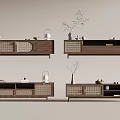 Modern Wooden TV Stand with Woven Doors Storage Drawers Shelves and Decorative Plants