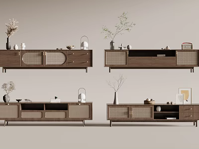 Modern Wooden TV Stand with Woven Doors Storage Drawers Shelves and Decorative Plants 3d model
