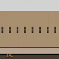 Beige Wardrobe Interior Design With Multiple Doors Black Handles Bench And Wooden Floor