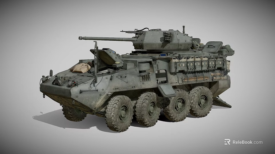 Military Wheeled Combat Tank With Cannon Storage Compartments And Equipment 3d model 