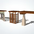 Curved Pergola Design Featuring Wooden Roof Arched Doorways Stone Pillars And Latticed Gate