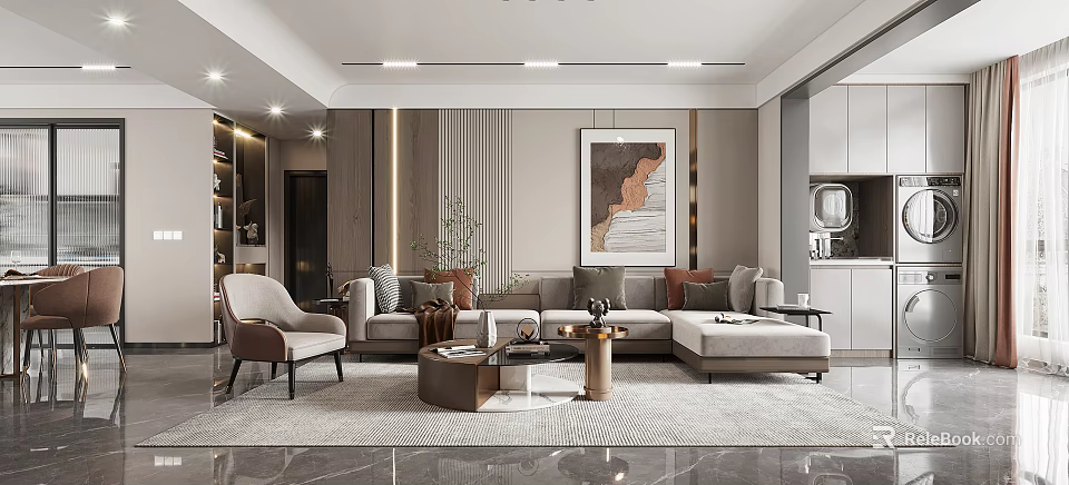 Modern Living Dining Room Interior Design With Sofa Area Rug Decorative Artwork And Green Plant 3d model 