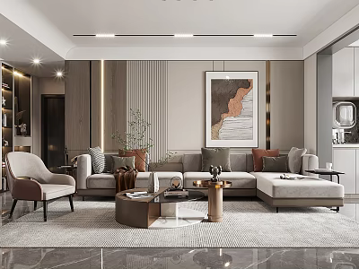 Modern Living Dining Room Interior Design With Sofa Area Rug Decorative Artwork And Green Plant 3d model