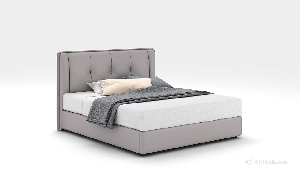Modern Single Bed Design With Tufted Upholstered Gray Headboard And Soft Pillows Blanket 3d model 