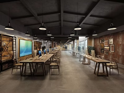 Modern Public Office Space With Long Wooden Tables Hanging Lights And Wall Art 3d model