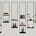 Minimalist Wall-mounted Floating Shelves Displaying Decorative Items Small Ornaments And Green Plants