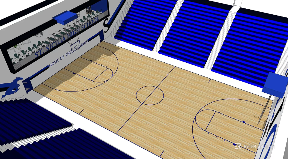 Indoor Basketball Court With Wooden Floor Blue Seats And Home Of The Tigers 3d model 