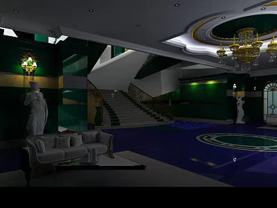 Elegant Service Hall Interior With Chandelier Marble Floor Sofa Statues And Green Walls 3d model