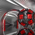 Futuristic Metallic Tunnel Design With Silver Wave Patterns And Red Accents