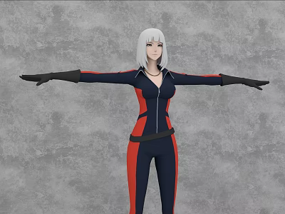 Game Movie Character With White Short Hair Navy Red Jumpsuit Black Gloves Arms Outstretched 3d model