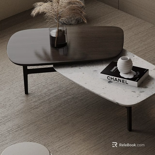 Modern Sofa Coffee Table Set With Wooden Marble Tops Black Metal Legs Vase Book Decor 3d model 