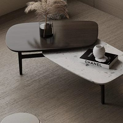 Modern Sofa Coffee Table Set With Wooden Marble Tops Black Metal Legs Vase Book Decor 3d model