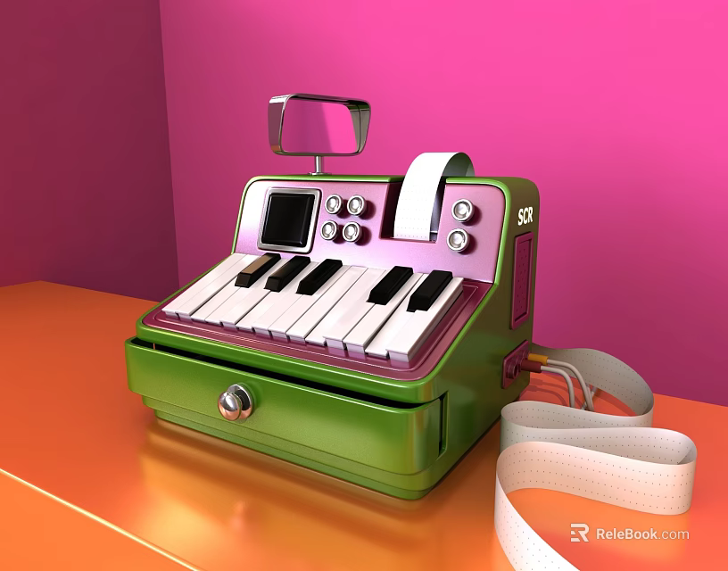 Green Office Appliance With Keyboard Screen White Strap On Orange Desk And Pink Wall 3d model 