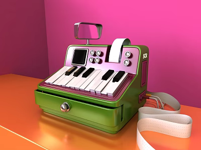 Green Office Appliance With Keyboard Screen White Strap On Orange Desk And Pink Wall 3d model