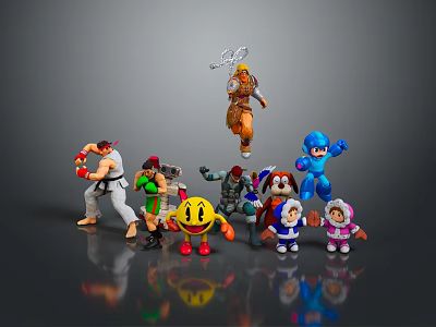 Diverse Collection of Game and Movie Characters Action Figures in Dynamic Poses on Reflective Surface 3d model