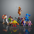 Diverse Collection of Game and Movie Characters Action Figures in Dynamic Poses on Reflective Surface