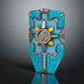 Blue Mechanical Device With Central Gear Mechanism Yellow Accents And Futuristic Industrial Design