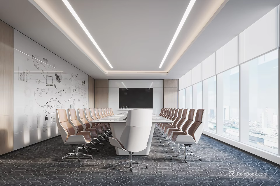 Modern Conference Room With Large Windows White Conference Table Light Colored Chairs And Whiteboard Sketches 3d model 