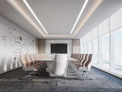 Modern Conference Room With Large Windows White Conference Table Light Colored Chairs And Whiteboard Sketches 3d model