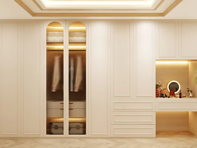 Elegant Modern White Wardrobe With Glass Doors Built In Lighting And Dressing Table Mirror 3d model