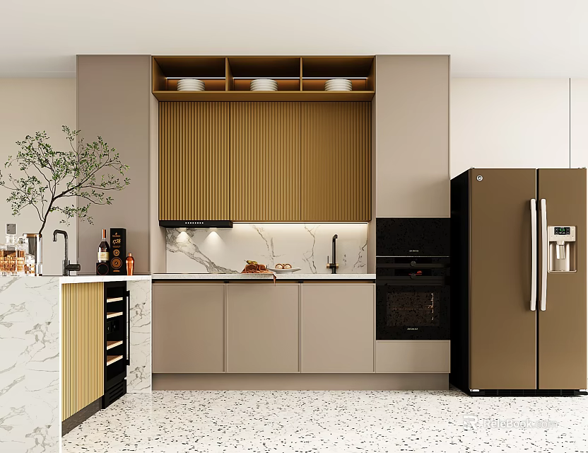 Modern Kitchen Interior With Island Countertop Wooden Cabinets And Stainless Steel Appliances 3d model 