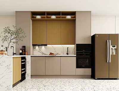 Modern Kitchen Interior With Island Countertop Wooden Cabinets And Stainless Steel Appliances 3d model