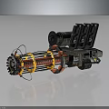 Futuristic Mechanical Weapon With Multi Barrel Design Red Yellow Stripes And Heavy Base