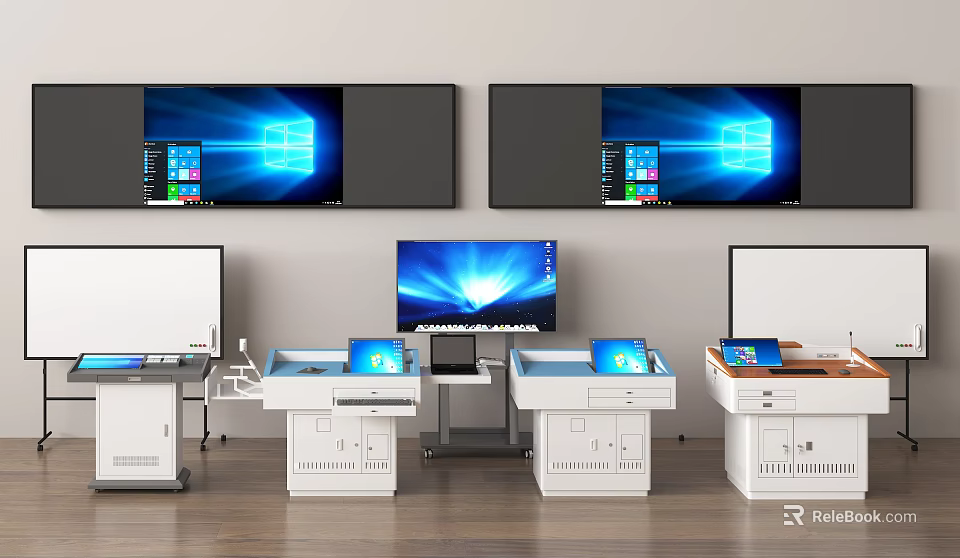 Modern Digital Teaching Equipment Setup With Multiple Screens And Control Desks 3d model 