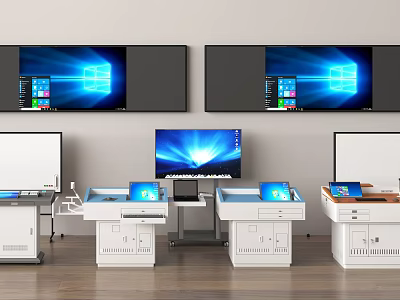 Modern Digital Teaching Equipment Setup With Multiple Screens And Control Desks 3d model