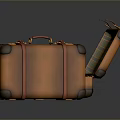 Orange Suitcases With Open Green Plaid Interior And Closed Brown Handles Black Corners