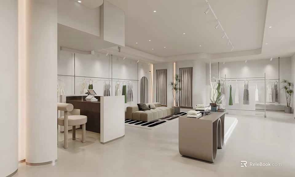Stylish Modern Clothing Store Interior With Display Racks Sofa Reception Desk And Plants 3d model 
