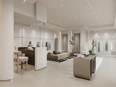 Stylish Modern Clothing Store Interior With Display Racks Sofa Reception Desk And Plants 3d model