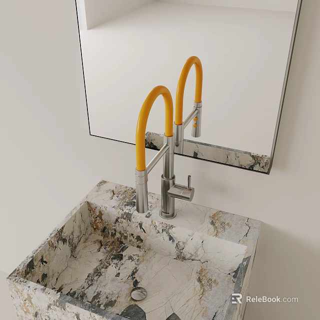 Double Curved Silver Faucet with Yellow Handle on Marble White Countertop and Square Silver Mirror 3d model 