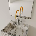 Double Curved Silver Faucet with Yellow Handle on Marble White Countertop and Square Silver Mirror