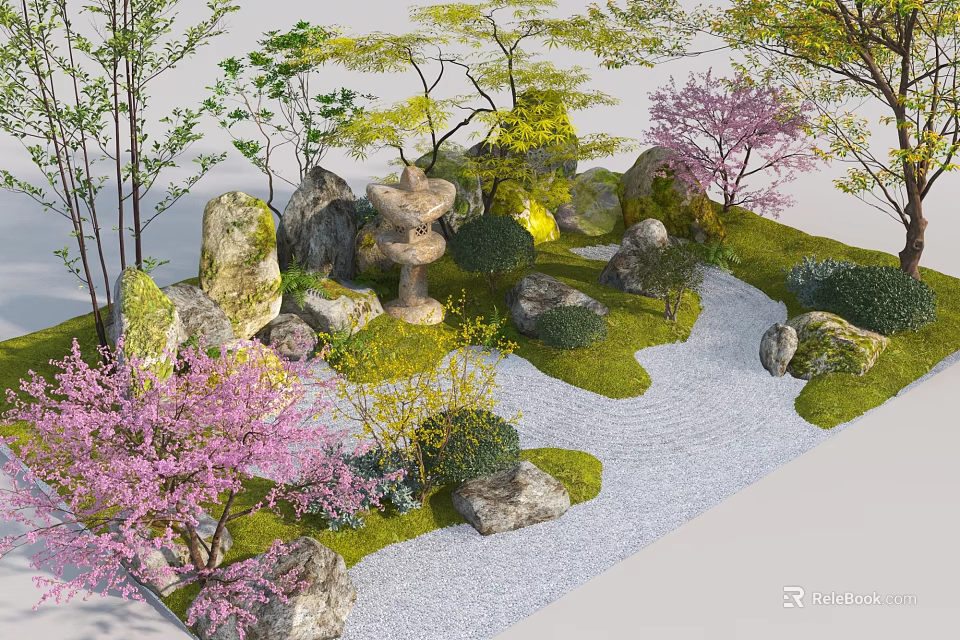 Japanese Garden Design With Cherry Blossom Trees Rock Formations And Gravel Path 3d model 