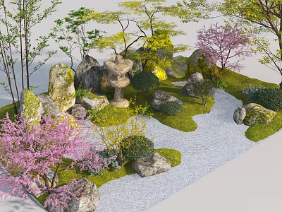 Japanese Garden Design With Cherry Blossom Trees Rock Formations And Gravel Path 3d model