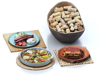 Delicious Food Platter with Sausages Fresh Salad Baked Lasagna and Bowl of Wine Corks 3d model