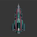 Teal Colored Spaceship 3D Model With Orange Glowing Engines And Detailed Parts
