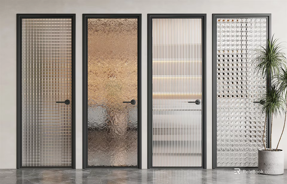 Modern Black Frame Hinged Doors With Various Glass Textures For Interior Design 3d model