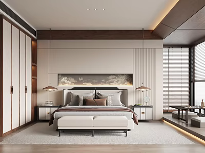 Modern Bedroom Interior Design With Headboard Wall Art Nightstands Table Lamps And Light Wood Flooring 3d model