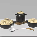 Black Ceramic Kitchen Cookware Set With Yellow Lids And White Serving Spoon 3d model