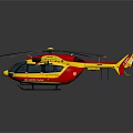 Modern Red and Yellow Helicopter Parked on Grey Background with Rotors and Landing Gear