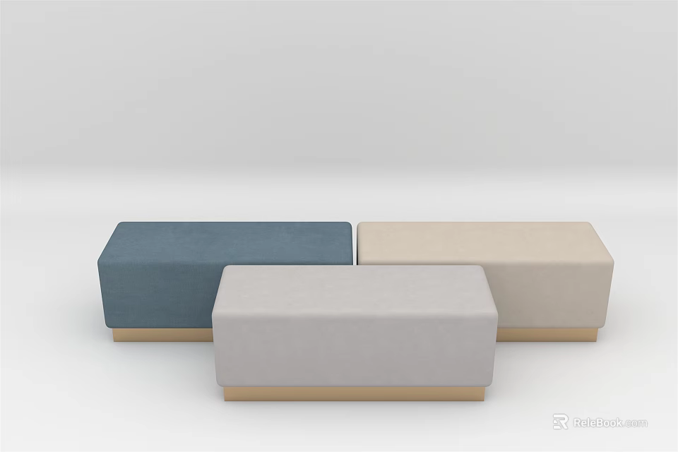 Stylish Sofa Stools In Blue Beige And Gray With Wooden Legs Design 3d model 