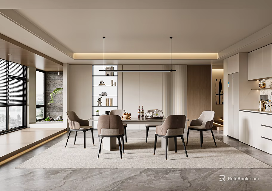 Modern Restaurant Interior Featuring Dining Table Chairs Hanging Lights Bookshelf And Marble Floor 3d model 