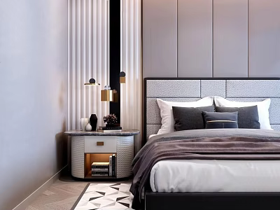 Modern Interior With Double Bed Gray Headboard Pillows Nightstand Table Lamps Curtains And Geometric Rug 3d model
