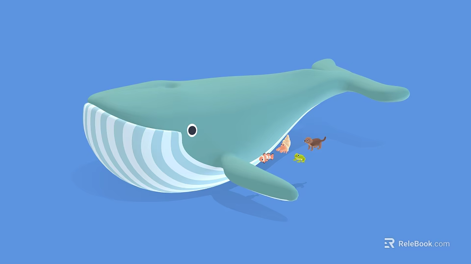 Cartoon Green Whale With White Striped Belly Small Fish And Duck On Light Blue Background 3d model 