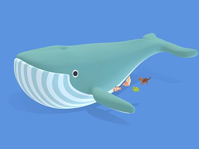 Cartoon Green Whale With White Striped Belly Small Fish And Duck On Light Blue Background 3d model