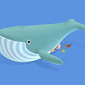 Cartoon Green Whale With White Striped Belly Small Fish And Duck On Light Blue Background